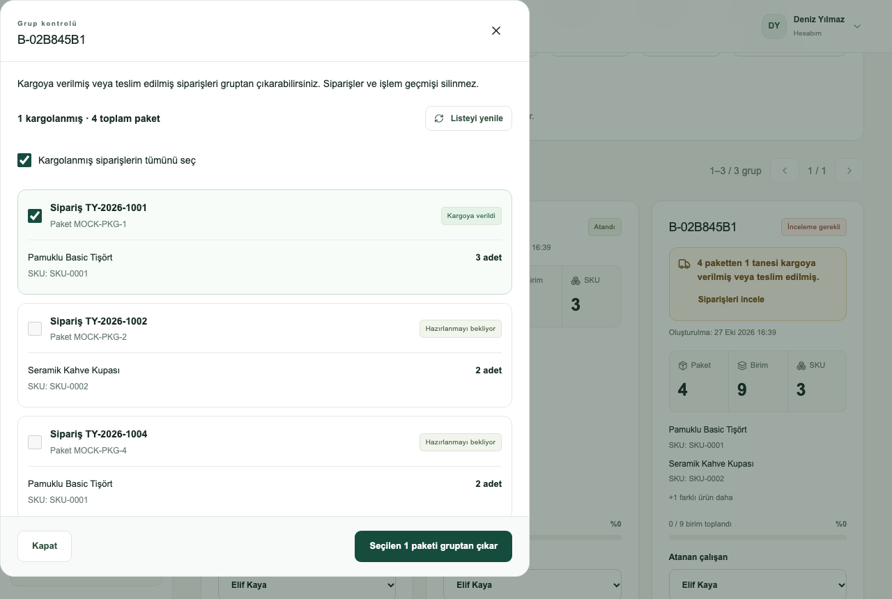 Toplama grubunda kargoya verilmiş siparişin incelenmesi