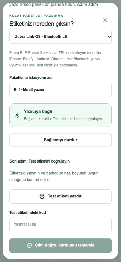 Bluetooth bağlantısı sonrası test etiketi ve doğrulama alanı
