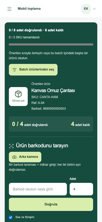 Telefonda ürün adı, kodu, toplama miktarı ve barkod doğrulama ekranı