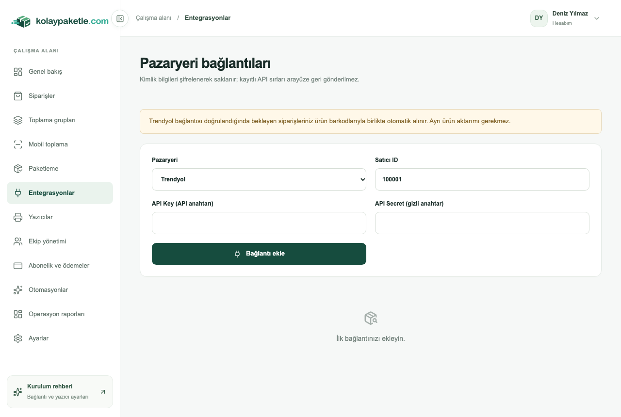 Pazaryeri bağlantısında Satıcı ID, API Key ve API Secret alanları